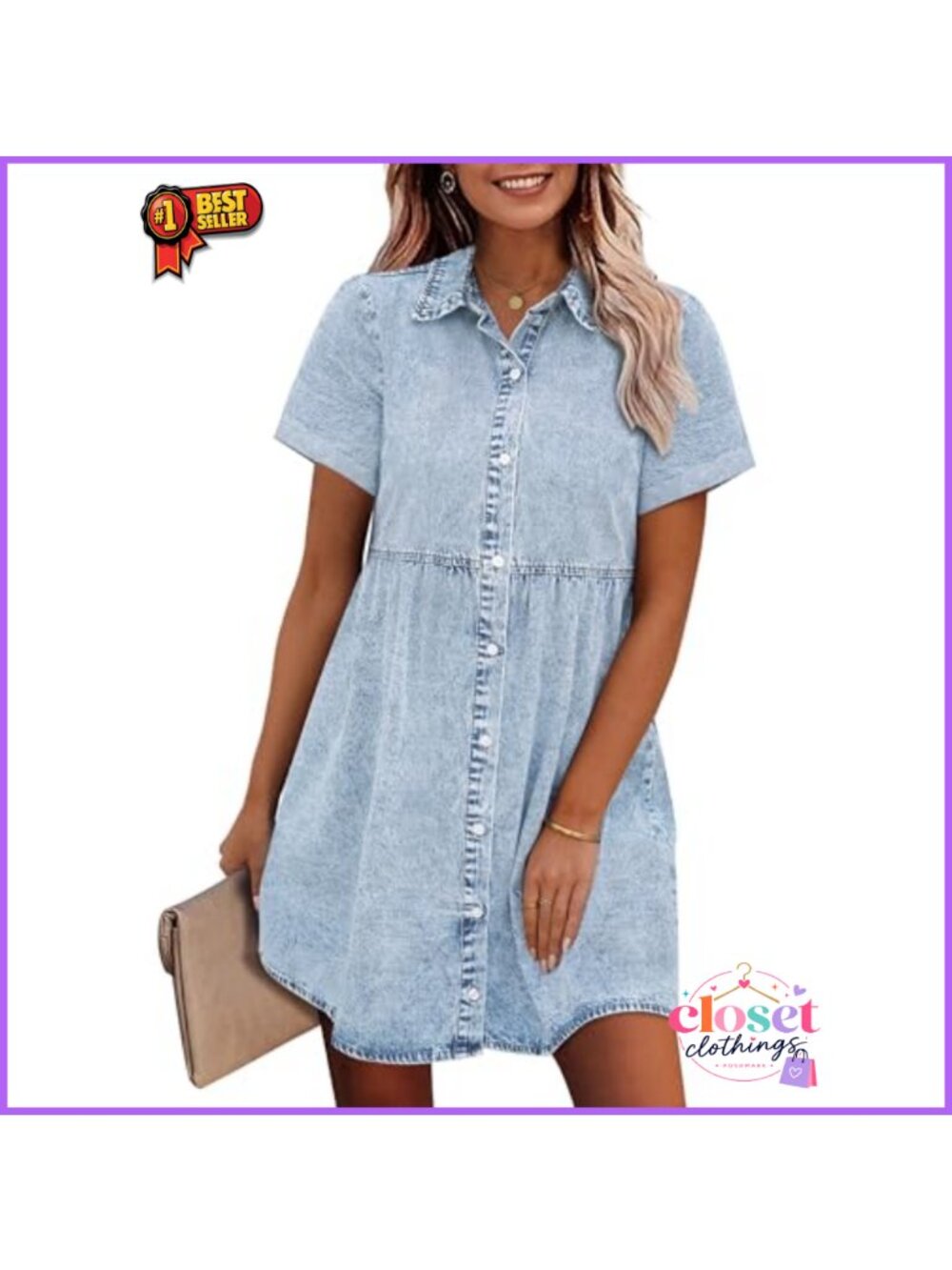 Denim Babydoll Tiered Short Sleeve Button Down Shirt Dress